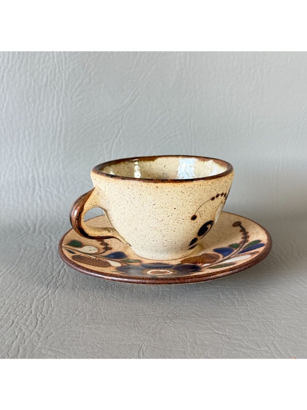 Vintage Tonala Mexico Studio Pottery Cup Saucer Set Signed Blue Butterfly 6" - Picture 5 of 14